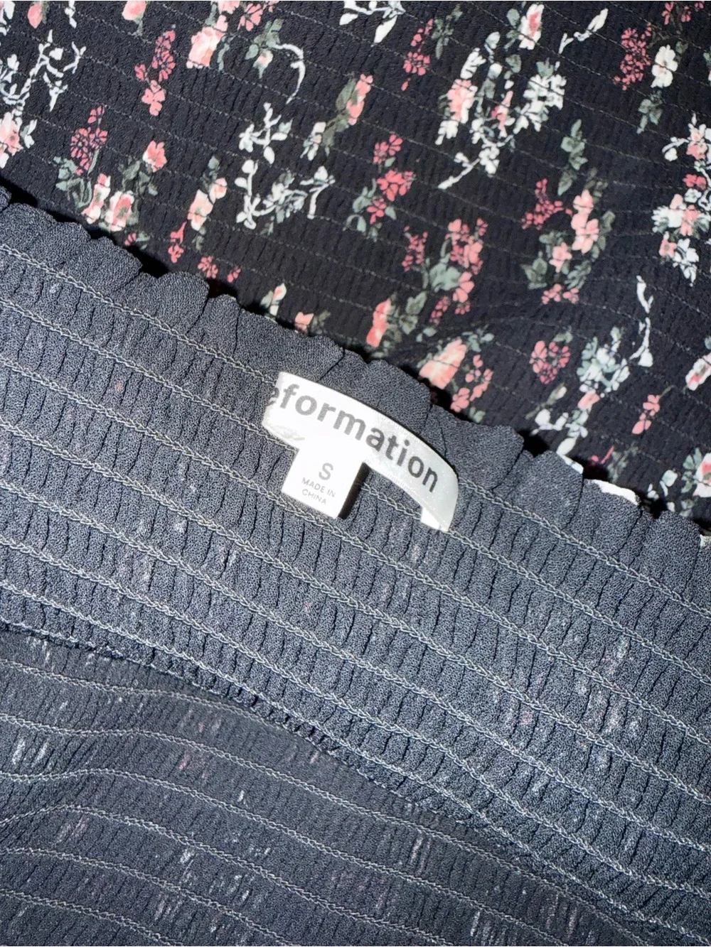 Reformation Black Smocked Off-Shoulder Top with Pink Floral